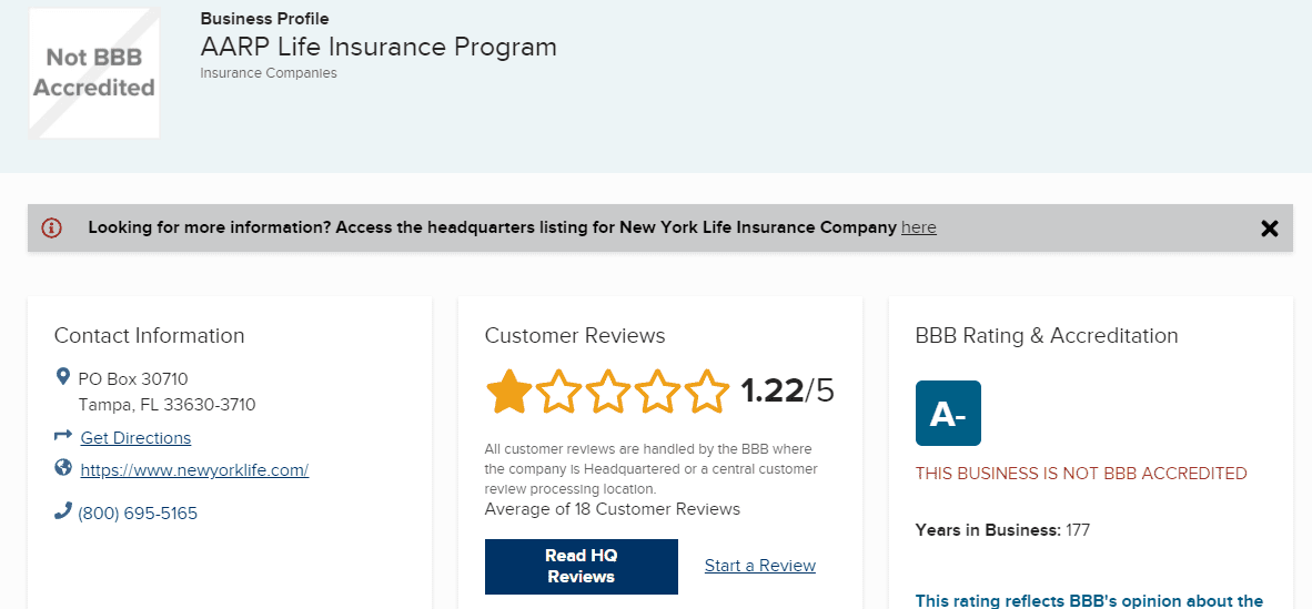 aarp life insurance bbb rating